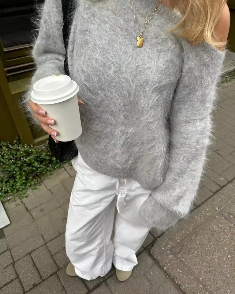 Women's cropped off-shoulder mohair blend fluffy fur sweater in cozy plush style for casual weekend wear
