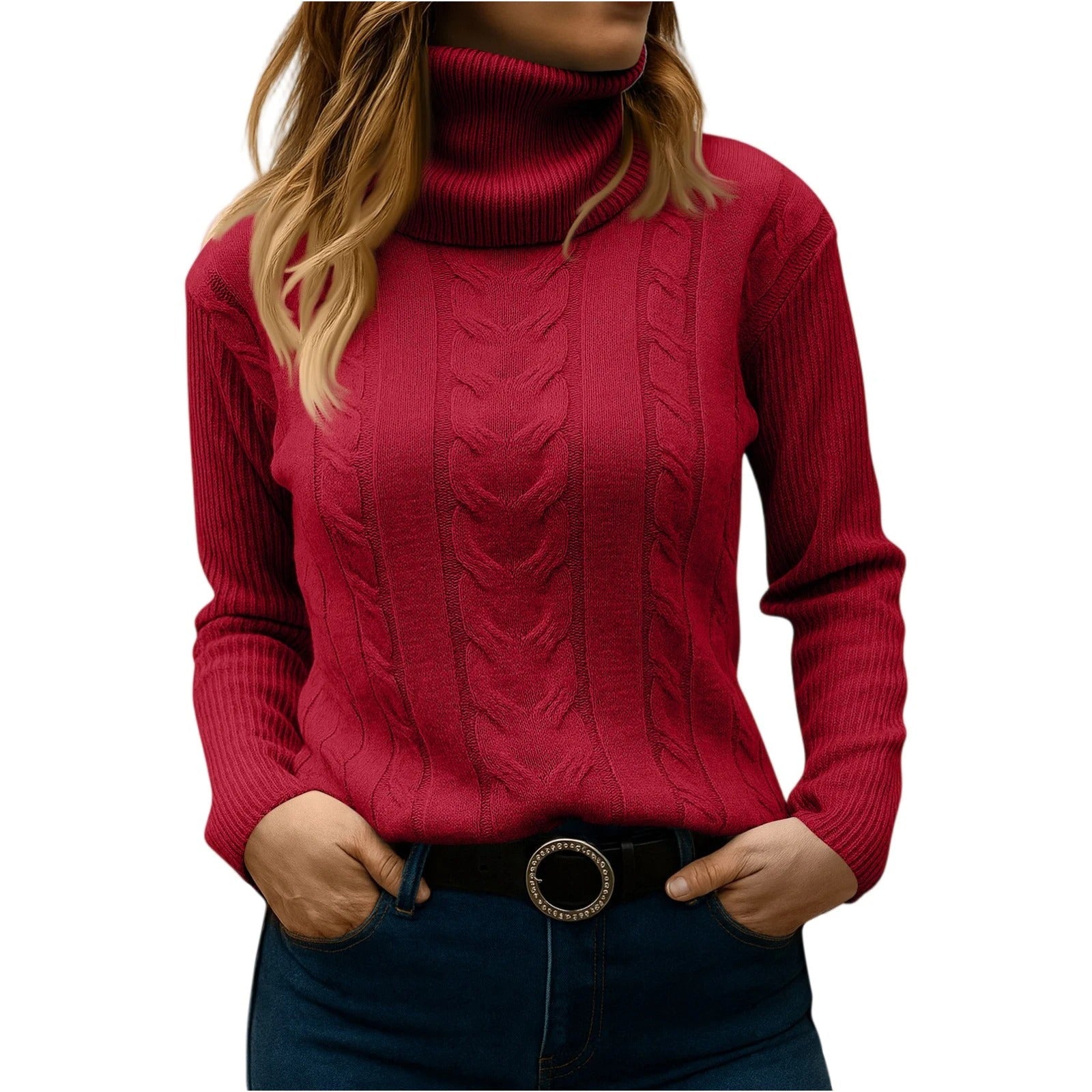 Women's cable knit turtleneck sweater in cozy elegant fit with textured pattern for refined warmth