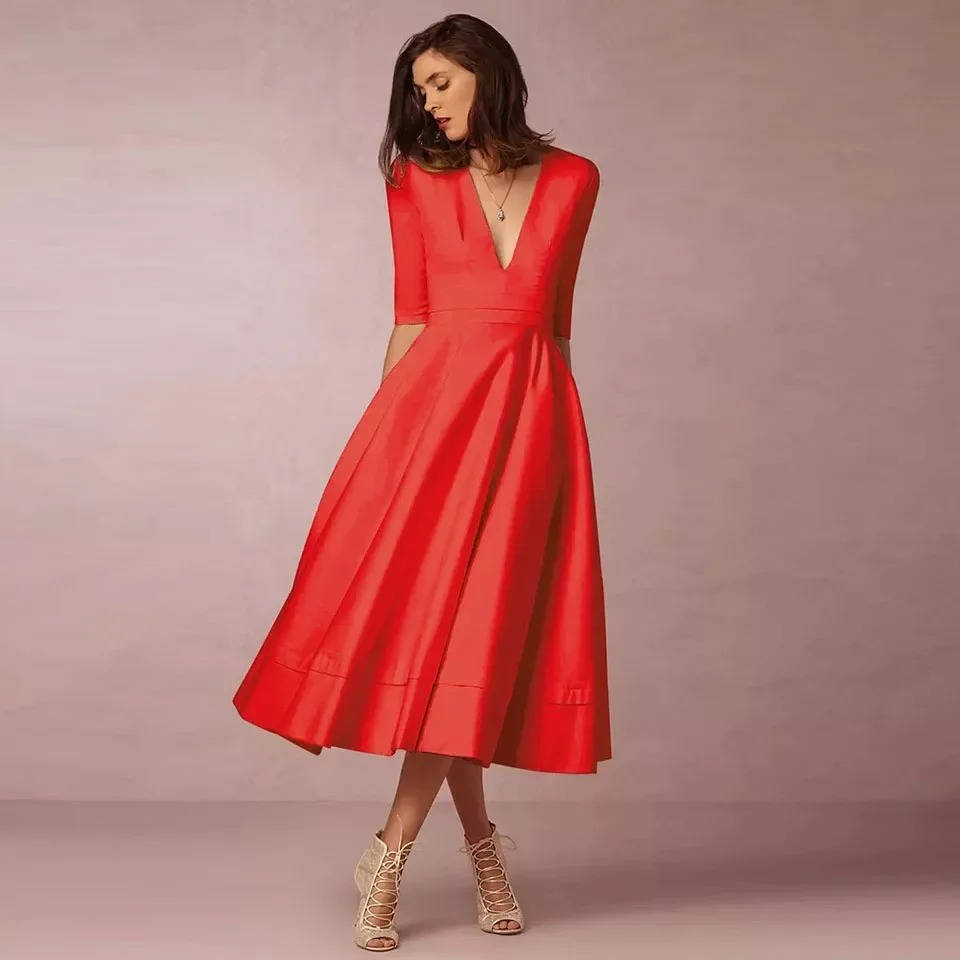 Elegant deep V-neck midi dress in solid color, slim fit silhouette with a plunging neckline for special occasions