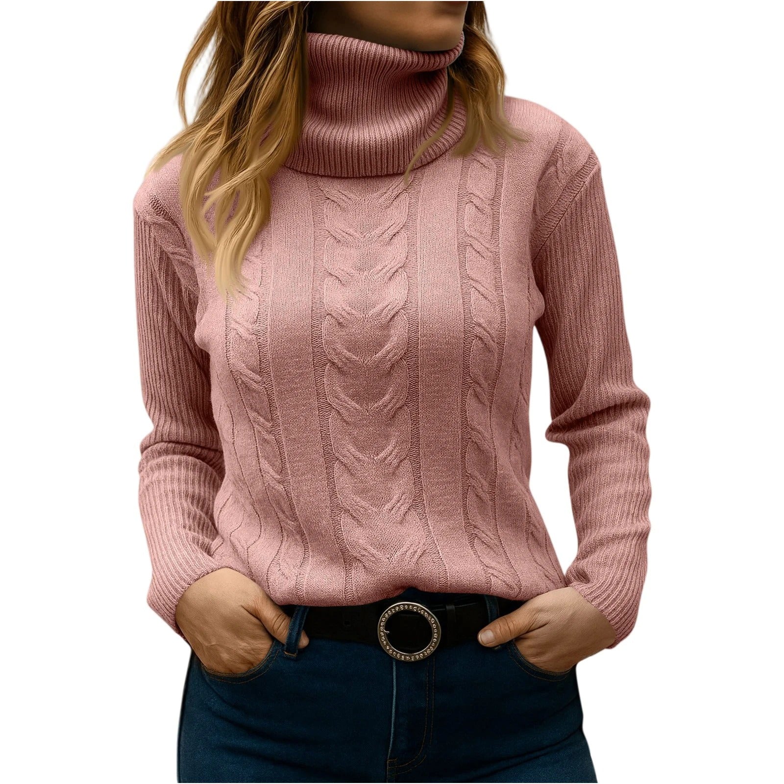 Women's cable knit turtleneck sweater cozy relaxed fit with elegant textured pattern
