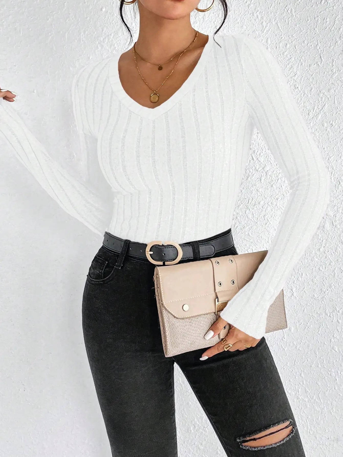 Women's soft ribbed V-neck knit sweater in versatile style with high-stretch worsted polyester fabric