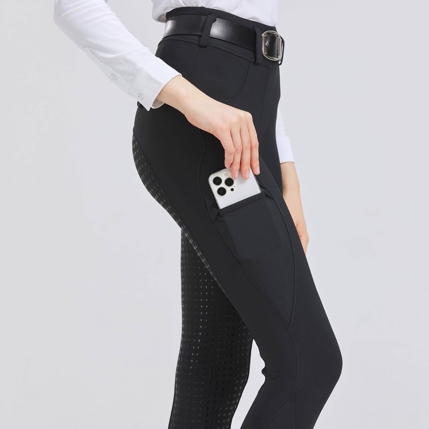 Women's equestrian riding pants beige slim fit with full silicone grip from seat to ankle for secure saddle lock