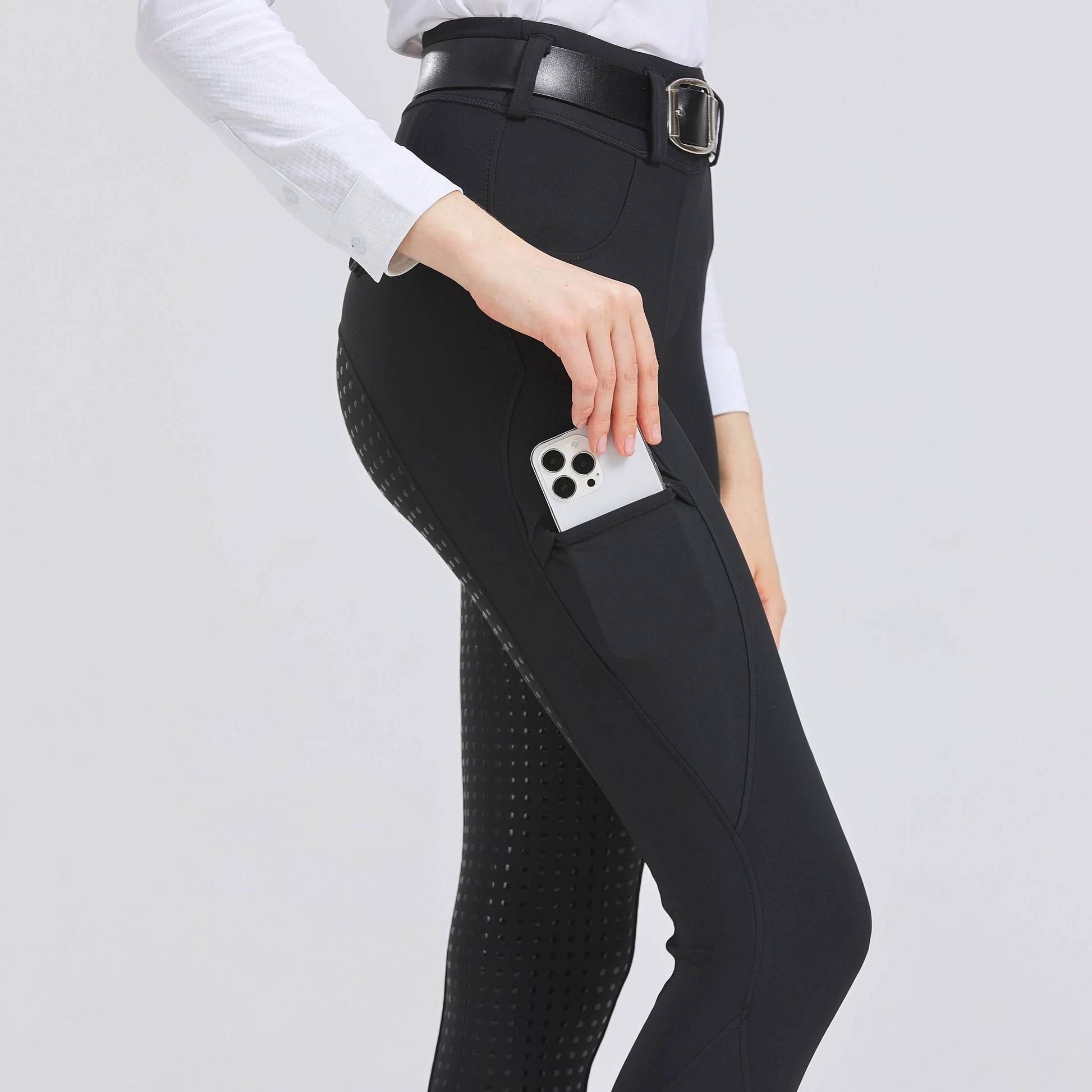 Women's equestrian riding pants beige slim fit with full silicone grip from seat to ankle for secure saddle lock
