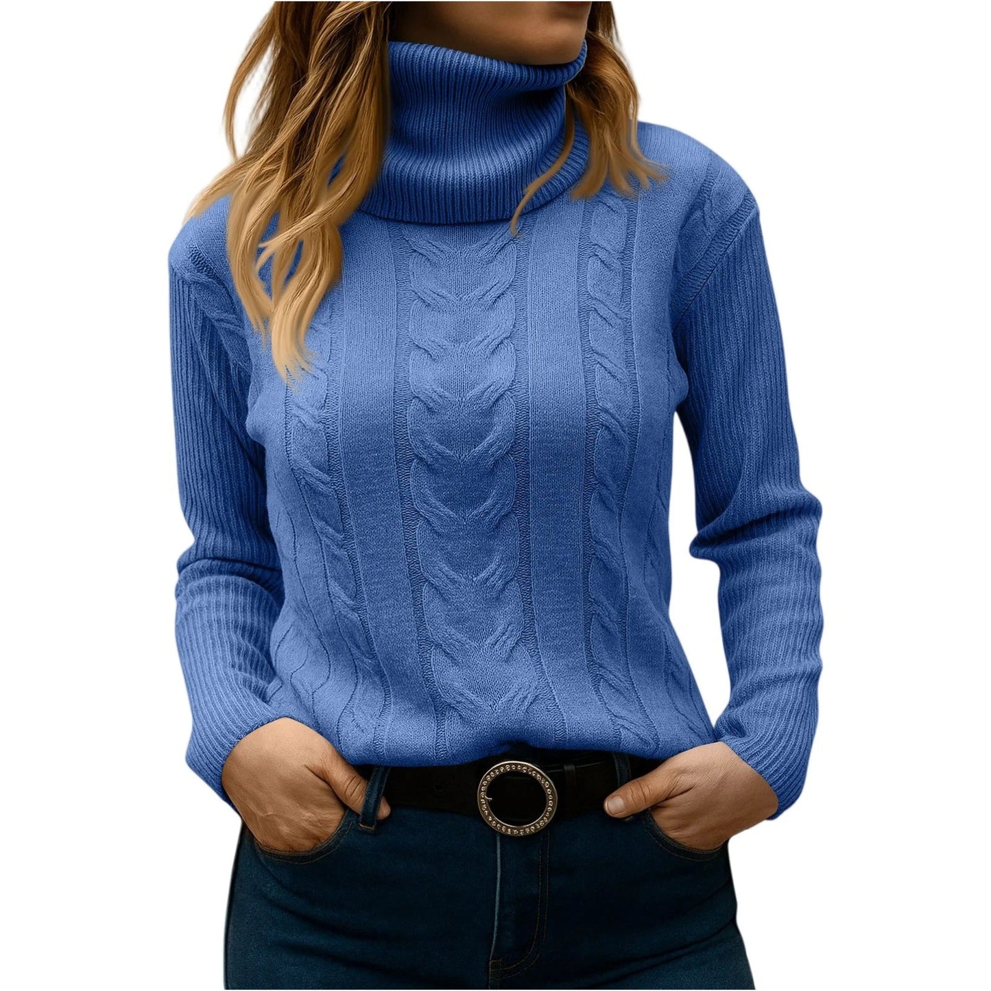 Women's cable knit turtleneck sweater relaxed elegant fit cozy warm everyday essential