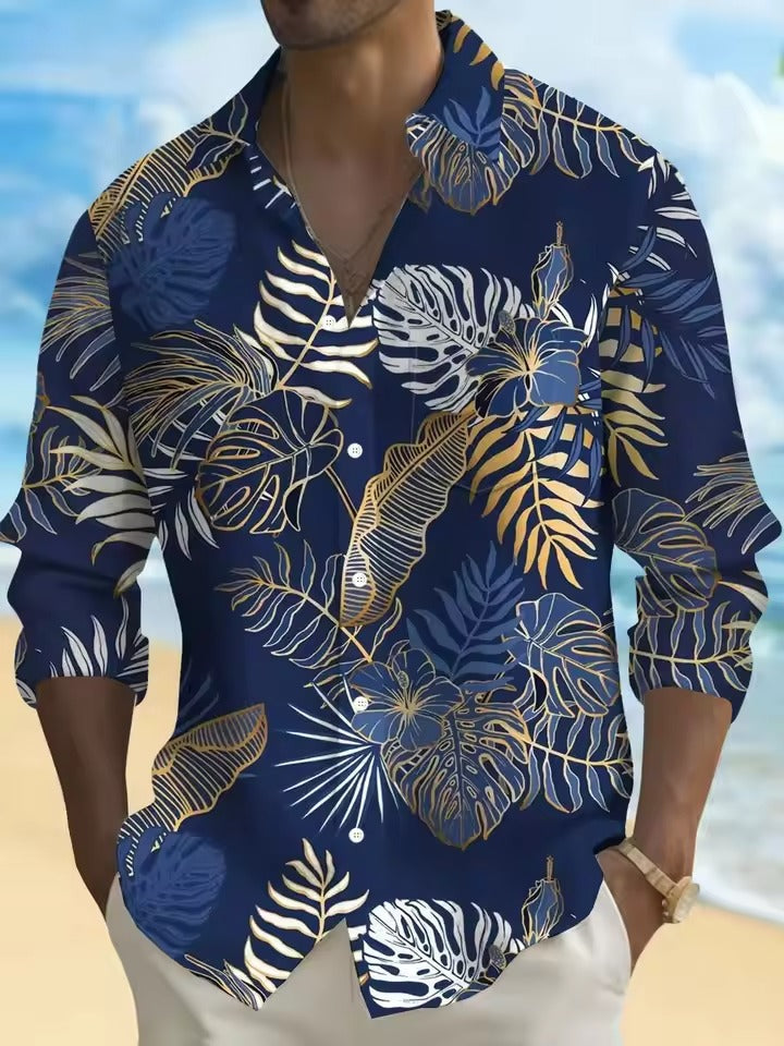Men's navy casual button-down shirt with white blossom 3D floral pattern, perfect for brunch