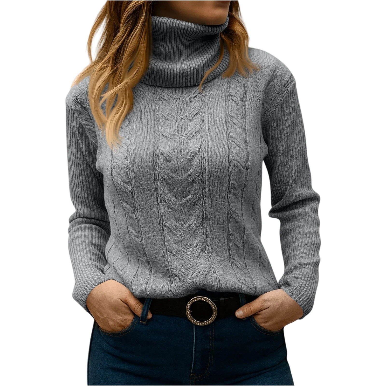 Women's cable knit turtleneck sweater cozy relaxed fit with elegant textured pattern