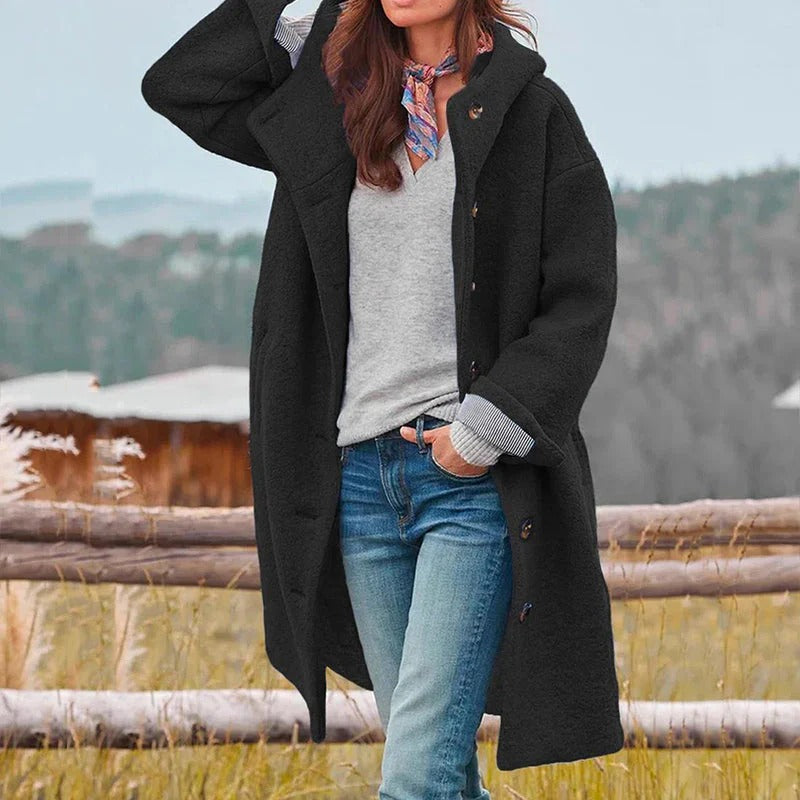 Women's camel plush teddy coat mid-length hooded winter outerwear with fuzzy texture