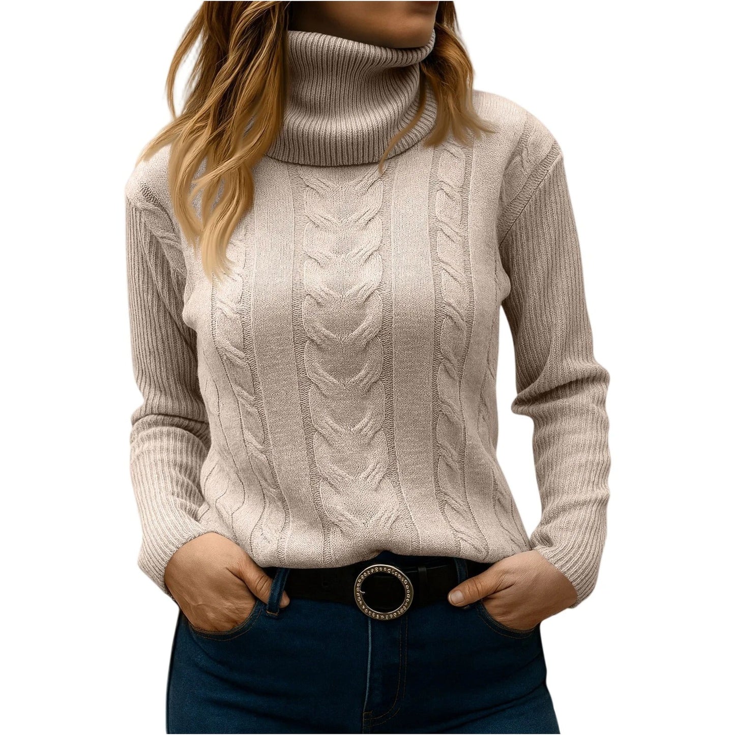 Women's cable knit turtleneck sweater relaxed elegant fit cozy everyday essential style