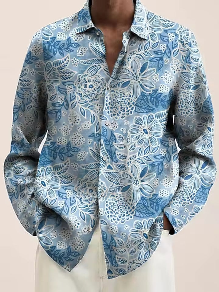Men's navy casual button-down shirt with white blossom 3D floral pattern, perfect for brunch