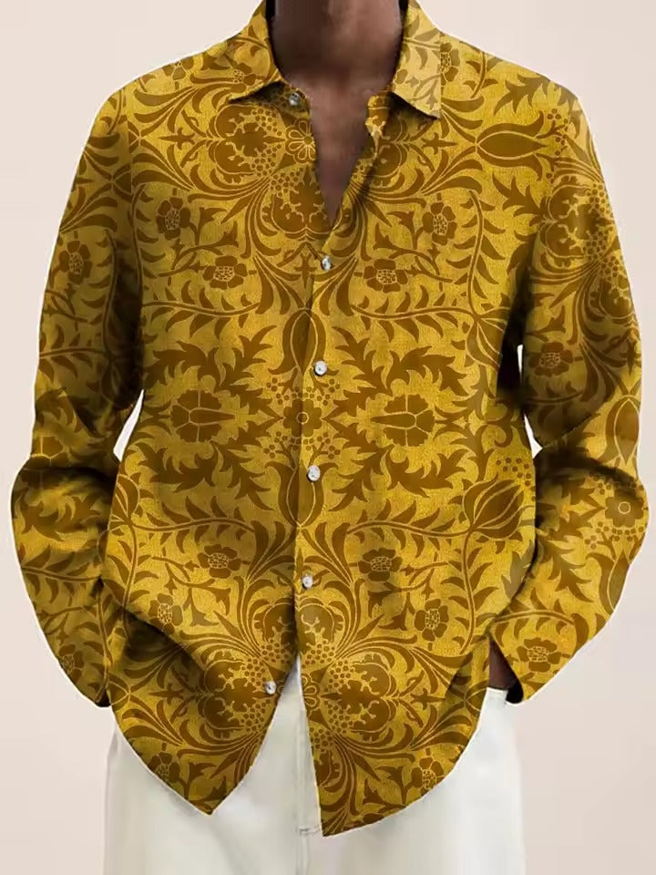 Men's navy casual button-down shirt with white blossom 3D floral pattern, slim fit for brunch