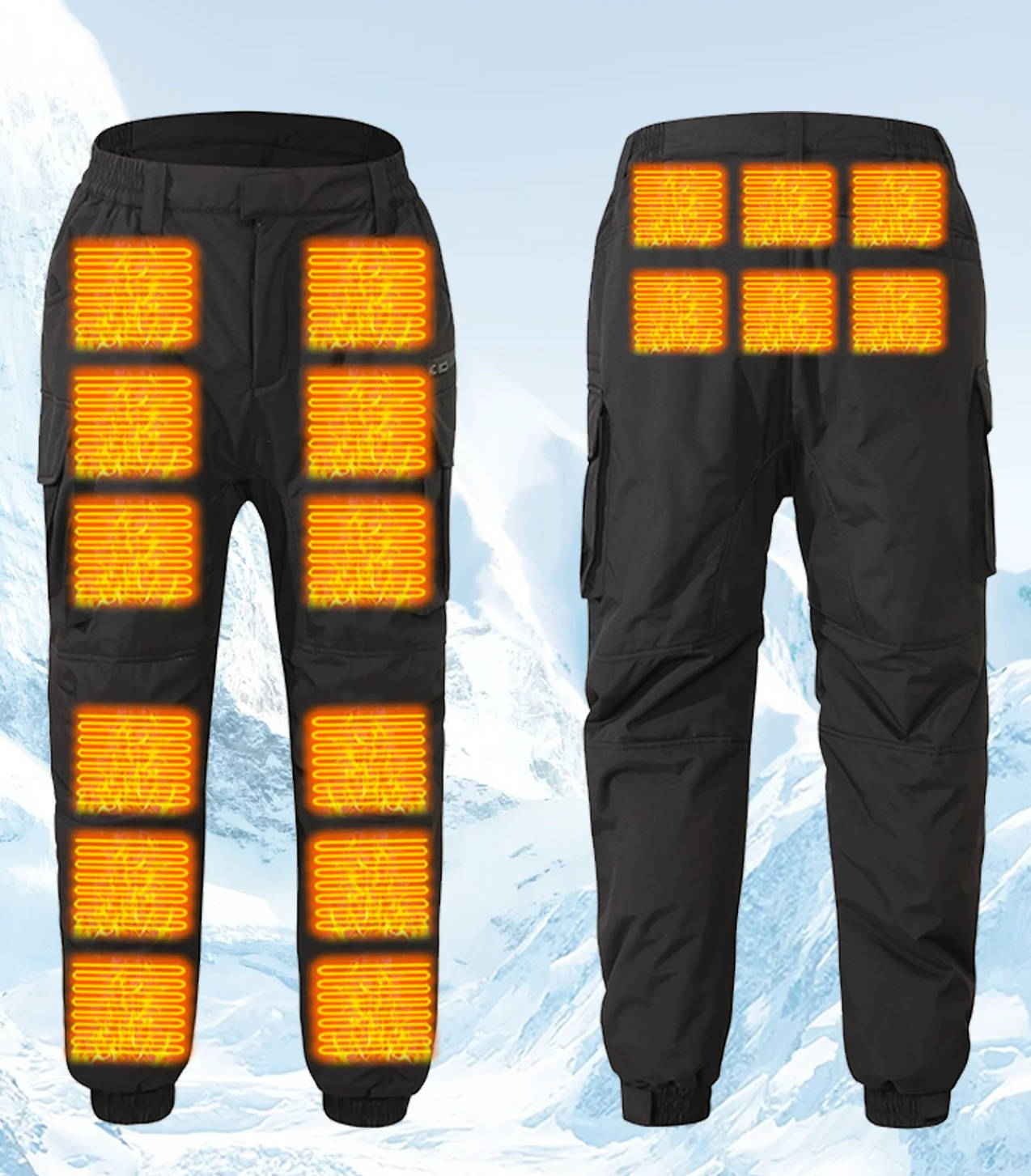 Men's slim-fit black heated outdoor pants with 18-zone fast-heating panels for cold weather