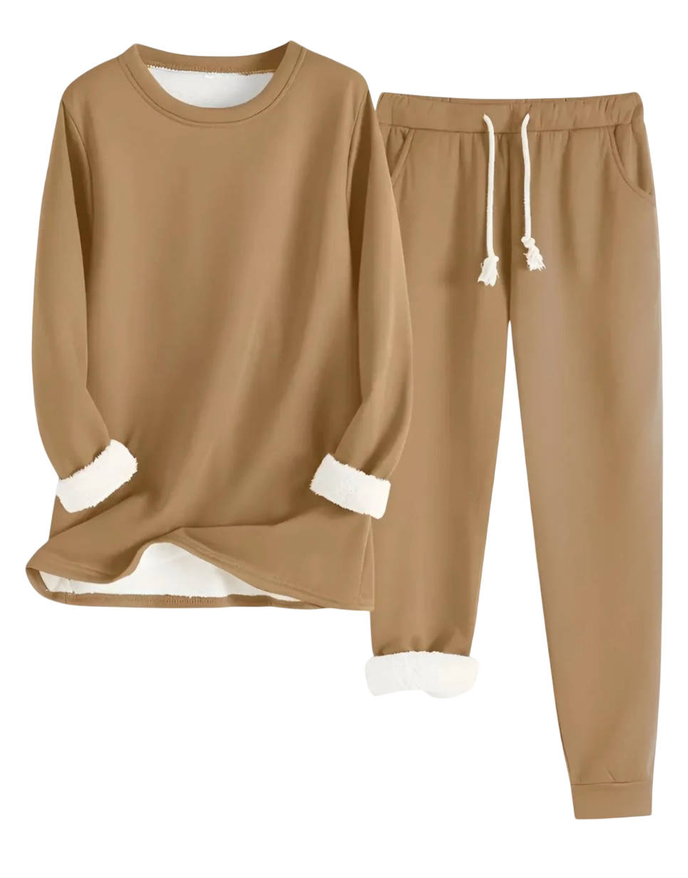 Women's two-piece fleece-lined sweatsuit set in neutral tones, cozy brushed interior casual loungewear