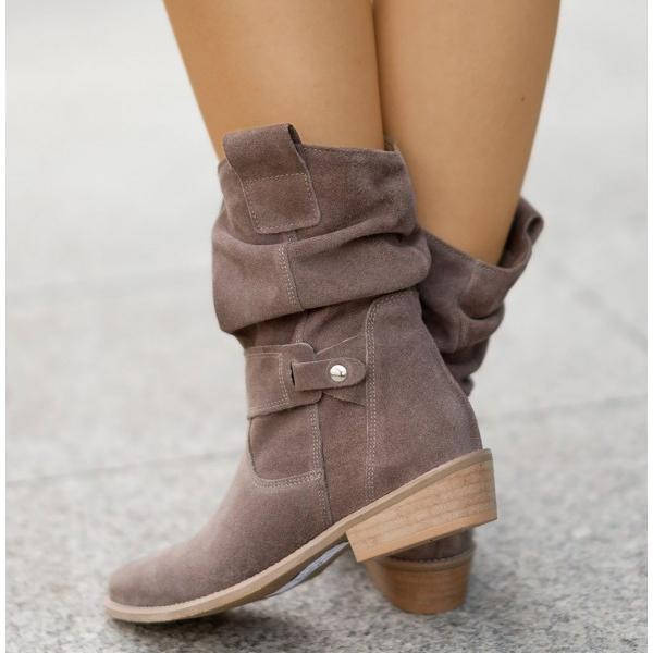 Brown mid-calf slouch suede boots low heel with pointed toe and relaxed silhouette