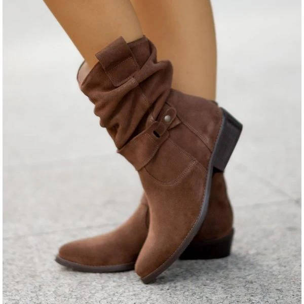Brown mid-calf slouch suede boots low block heel pointed toe slip-on women's fashion footwear