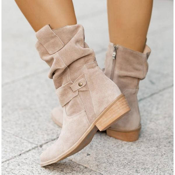 Tan mid-calf slouch suede boots low block heel pointed toe leg-lengthening silhouette