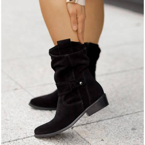 Brown mid-calf slouch suede boots low block heel pointed toe everyday casual style