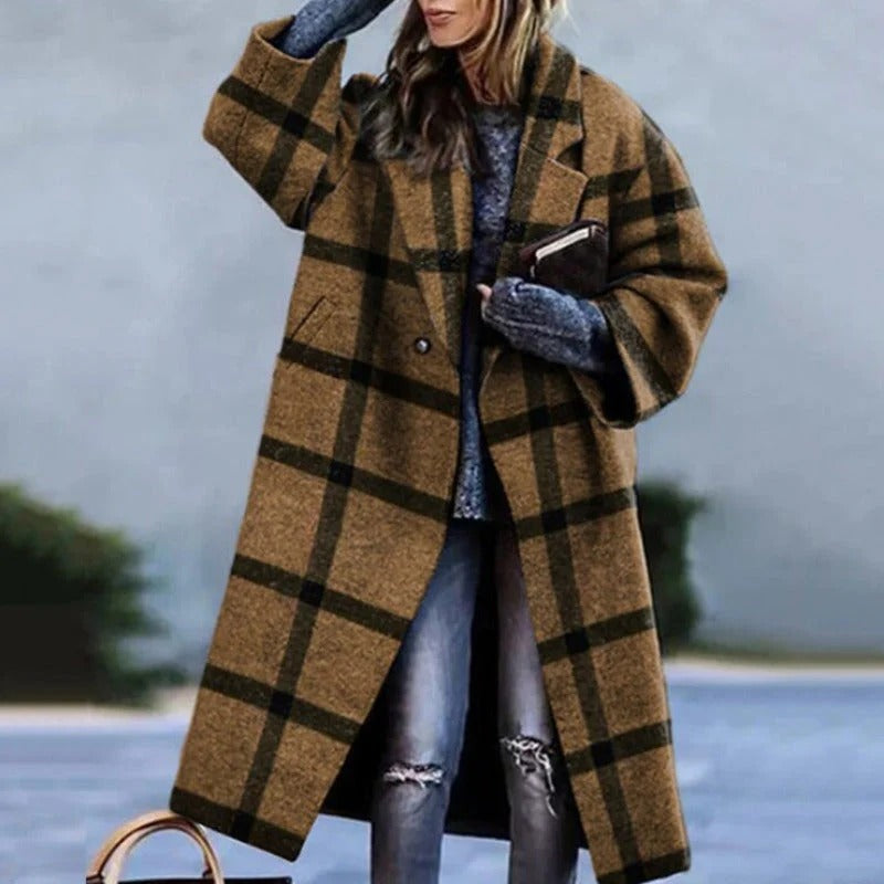 Women's long wool plaid winter coat with button front and deep side pockets, ultra-warm workwear