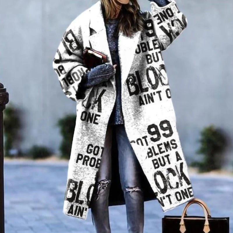Women's long wool plaid winter coat with button-front closure and deep side pockets, work-to-evening style
