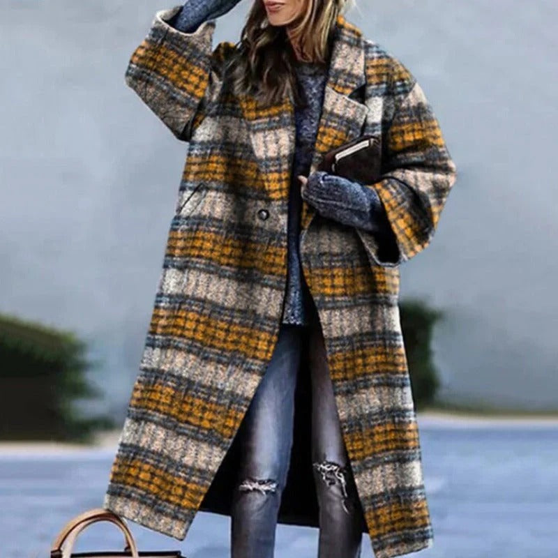 Women's long wool plaid winter coat with front buttons and deep side pockets, ultra-warm work style