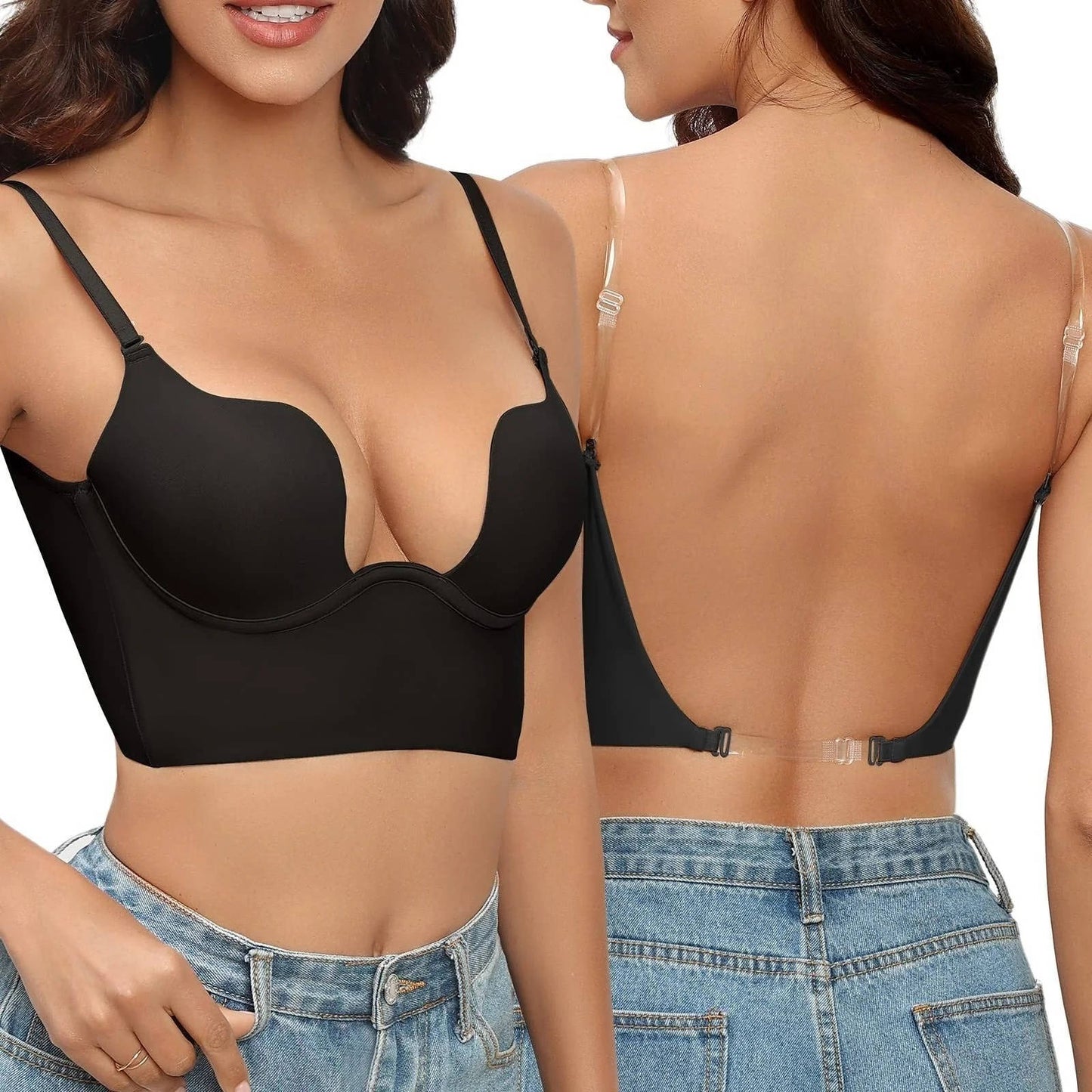 Seamless backless bra deep U-plunge underwire nude clear straps secure lift low-back formal wear