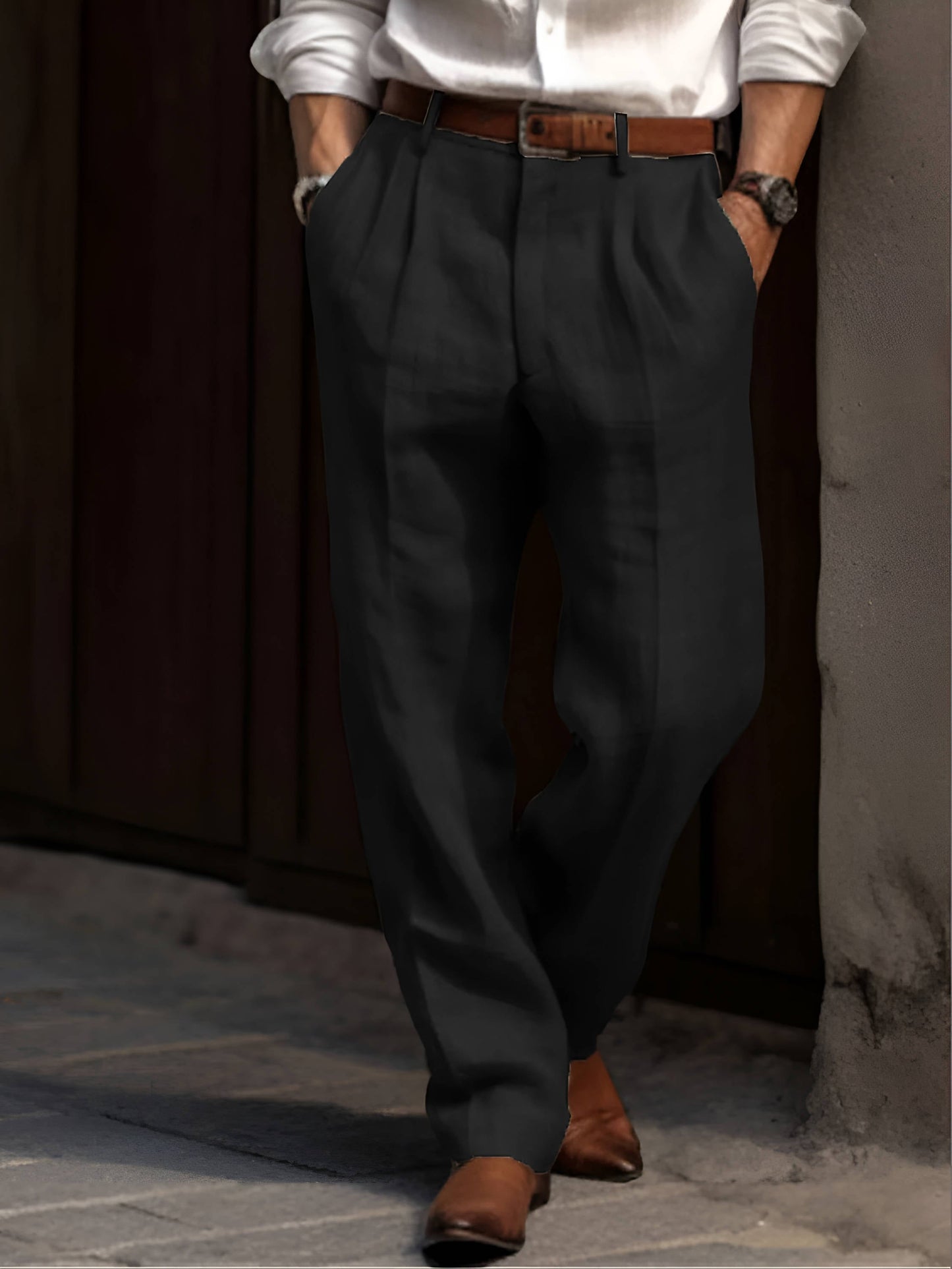 Men's beige classic pleated linen dress pants lightweight breathable cotton blend for work