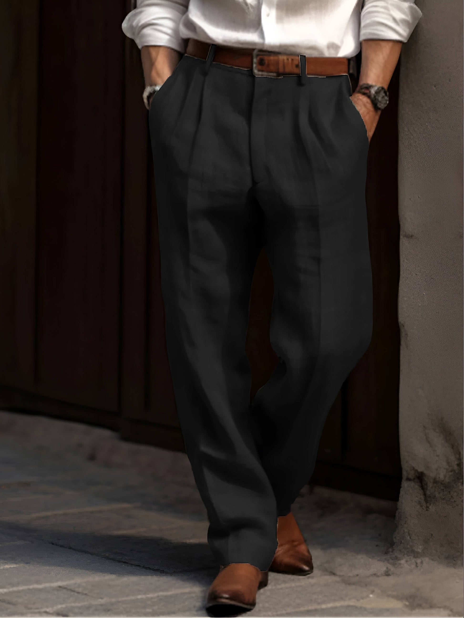Men's beige classic pleated linen dress pants lightweight breathable cotton blend for work