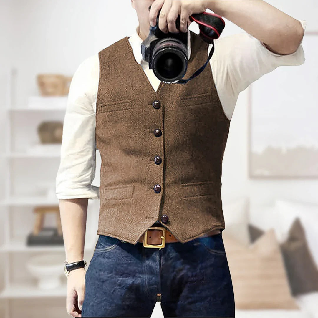 Men's wool herringbone waistcoat vest smart casual slim fit layering piece for brunch to evening