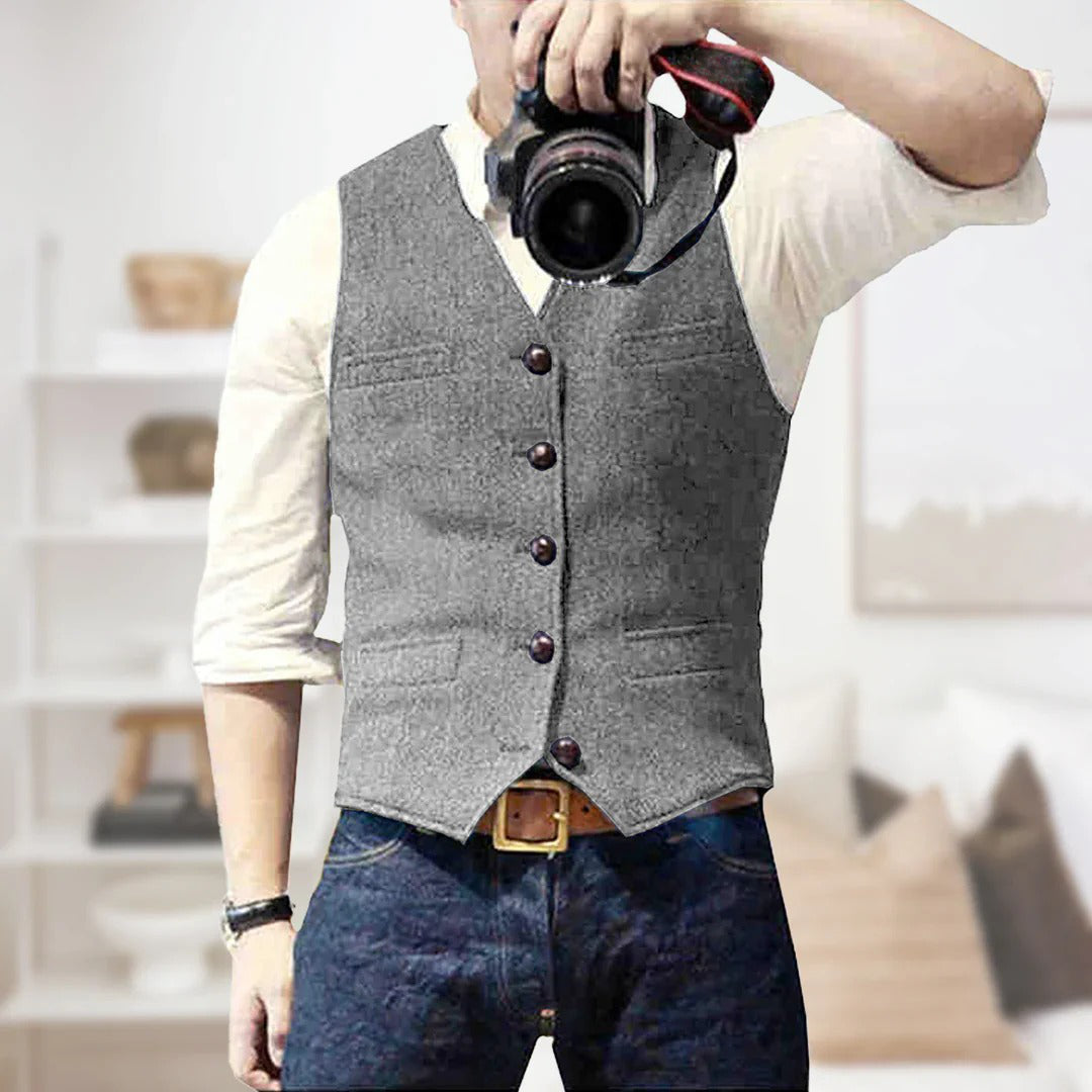 Men's wool herringbone waistcoat vest smart casual slim layering piece for brunch to evening style