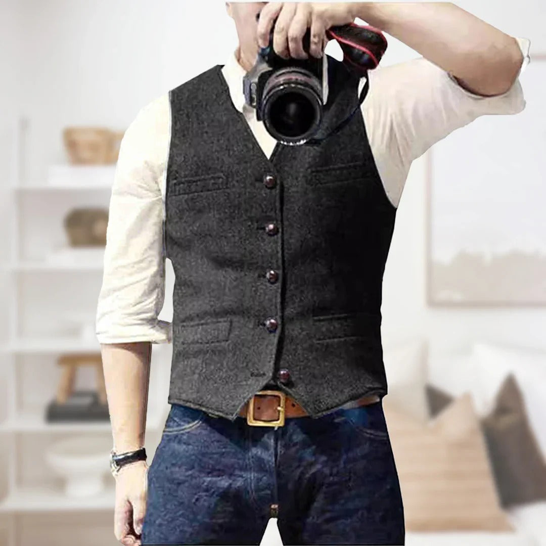 Men's wool herringbone waistcoat vest smart casual slim fit layering piece for brunch to evening