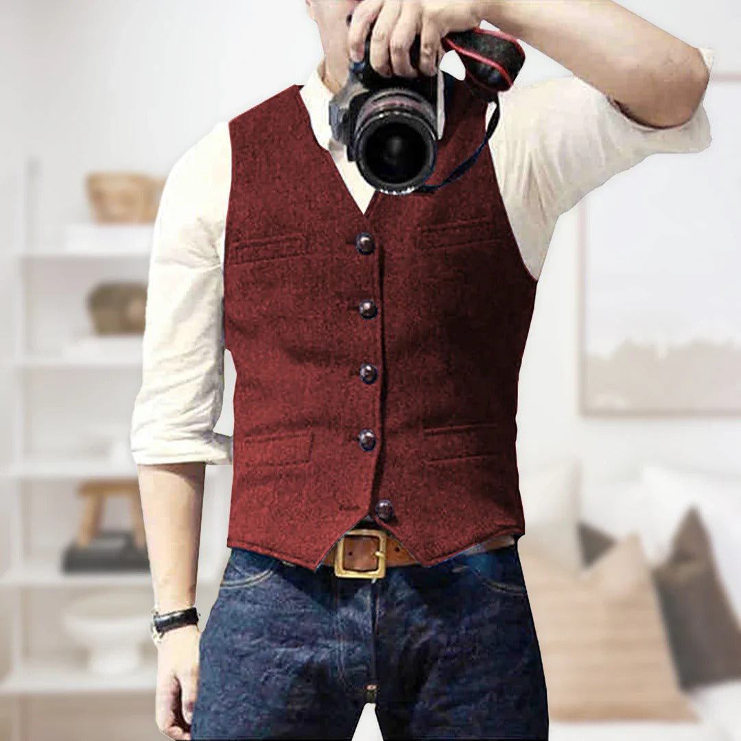 Men's wool herringbone waistcoat vest smart casual layering slim fit brunch to evening style