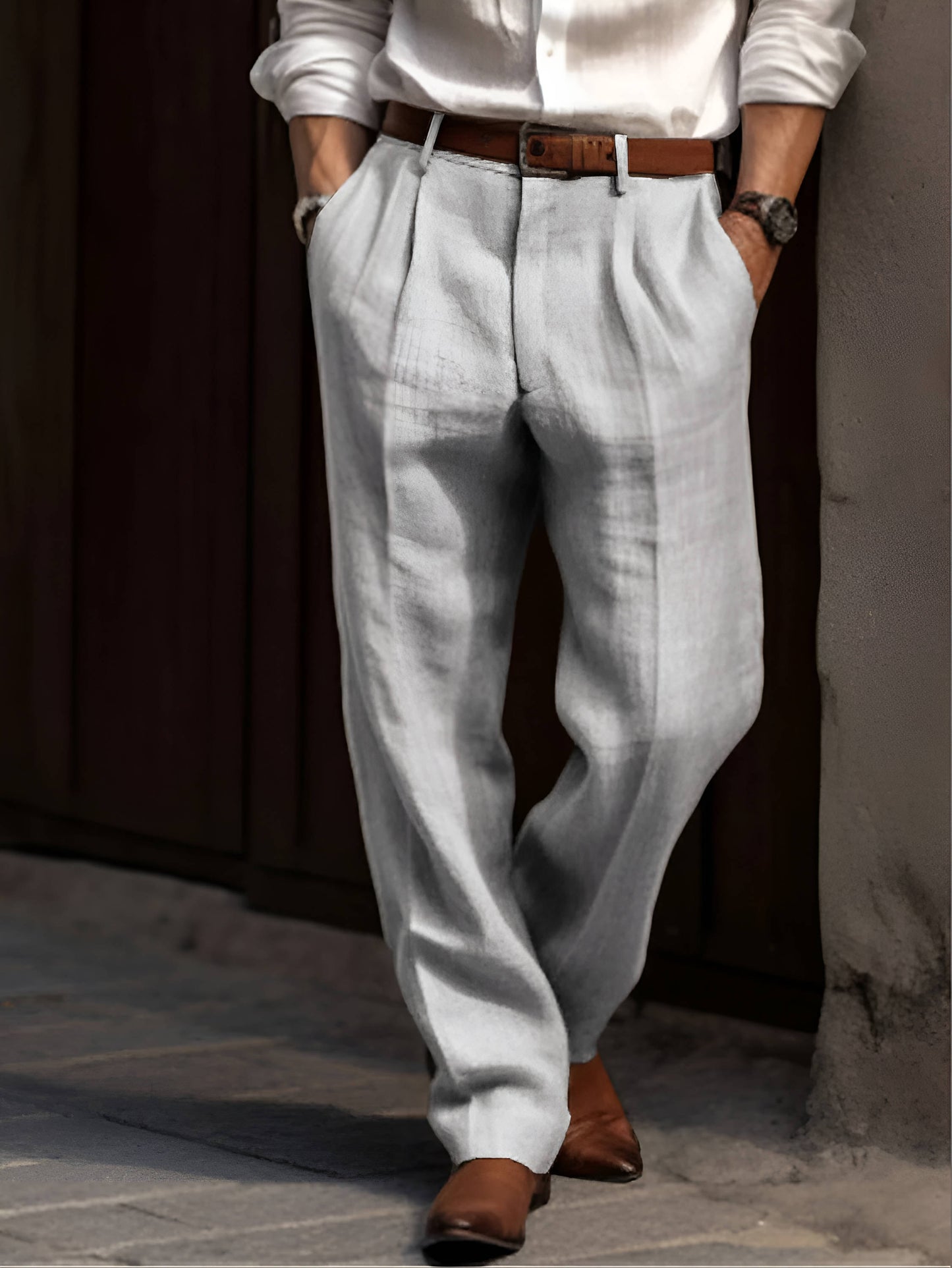 Men's classic pleated linen dress pants breathable lightweight cotton-linen blend for work and weekends