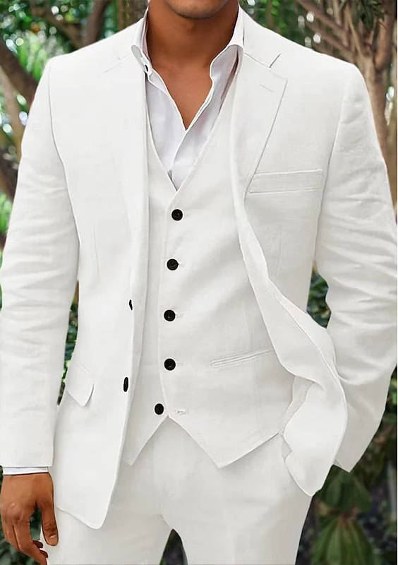 Men's linen 3-piece suit blazer vest trousers lightweight breathable formalwear for beach weddings