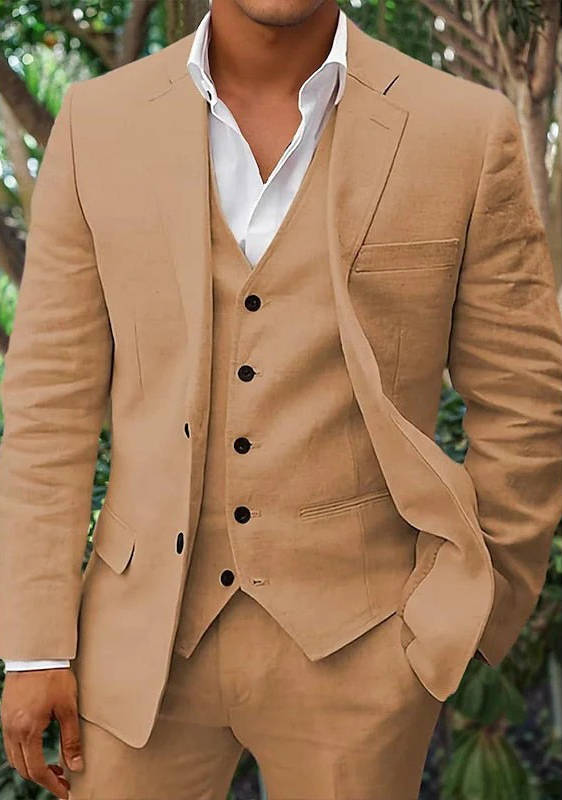 Men's linen 3-piece suit blazer vest trousers breathable lightweight formal beachwear summer wedding
