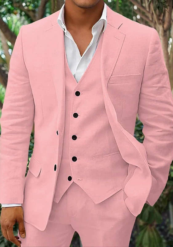 Men's linen 3-piece suit blazer vest trousers breathable lightweight formalwear for beach weddings