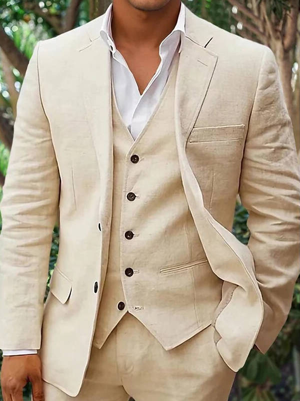 Men's linen 3-piece suit blazer vest trousers breathable lightweight formal beach wedding summer
