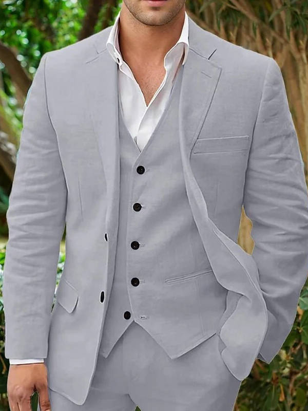Men's linen 3-piece suit blazer vest trousers lightweight breathable slim fit for beach weddings