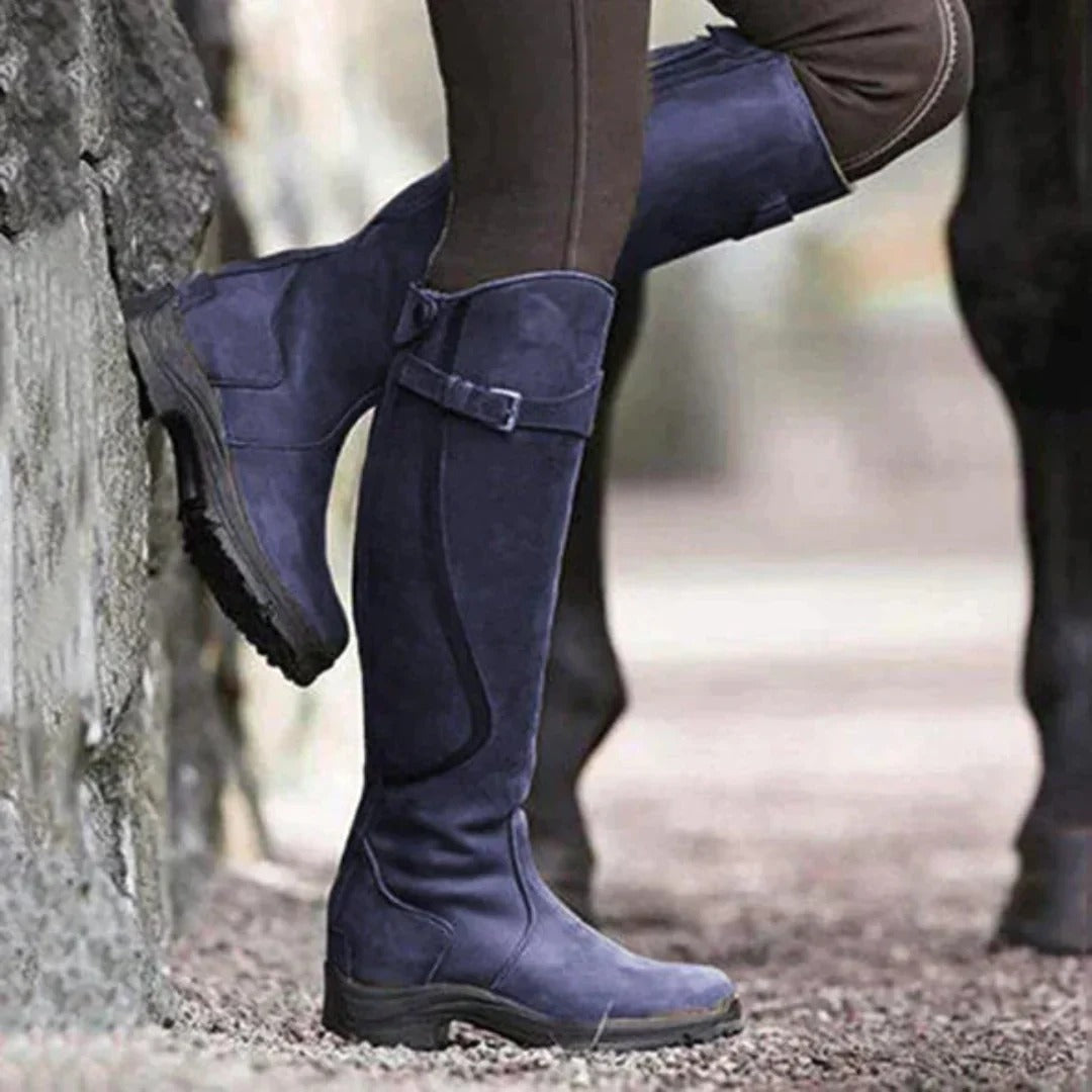 Women's genuine leather equestrian riding boots, waterproof tall shaft, classic brown molded fit