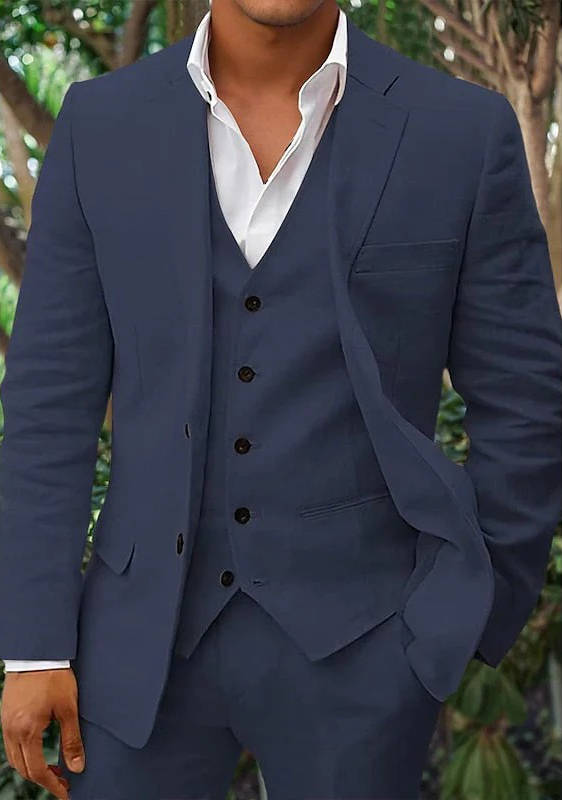 Men's linen 3-piece suit blazer vest trousers breathable lightweight beige formal beach wedding