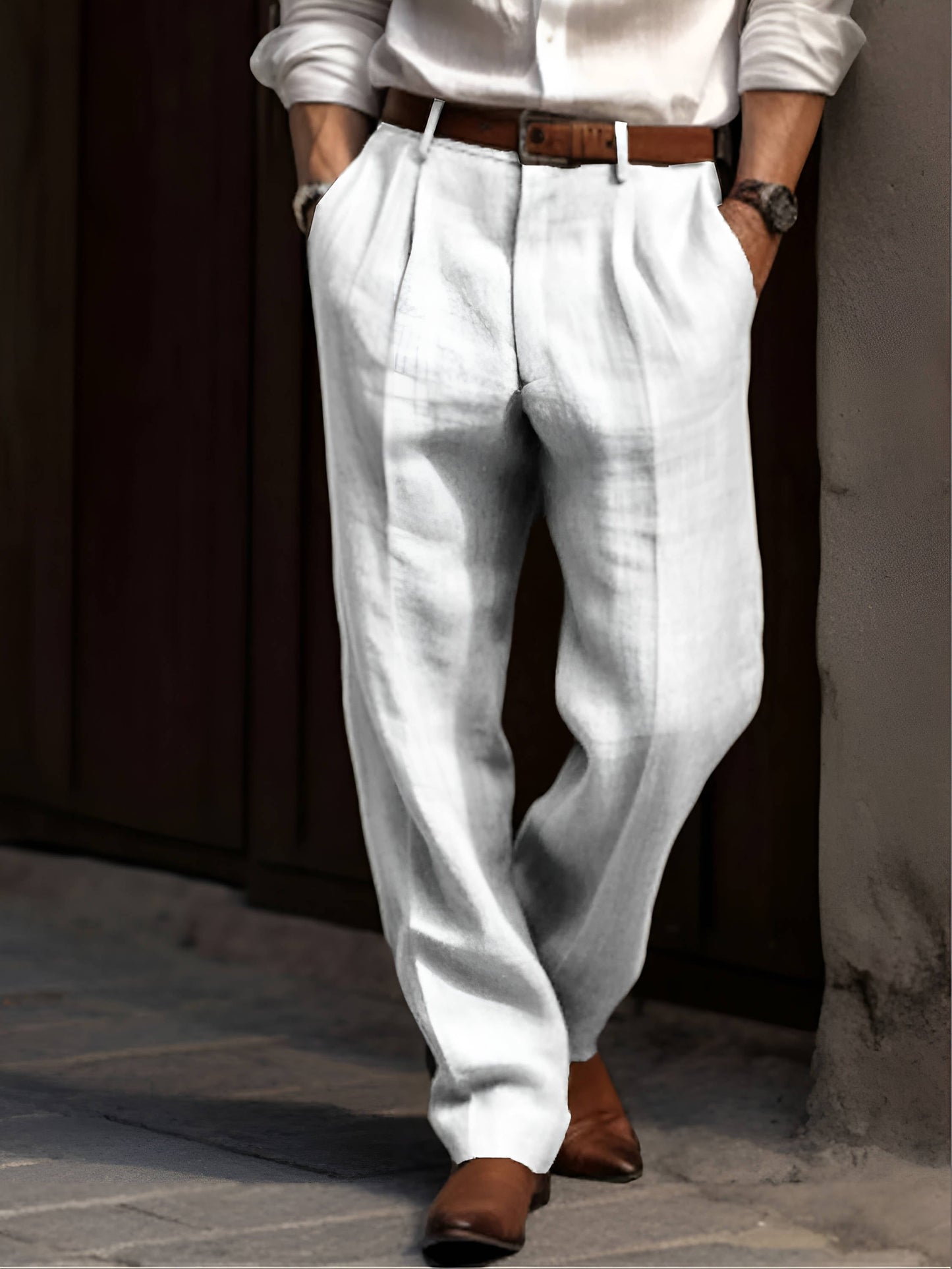 Men's light beige pleated linen dress pants, breathable cotton-linen blend, relaxed tailored fit
