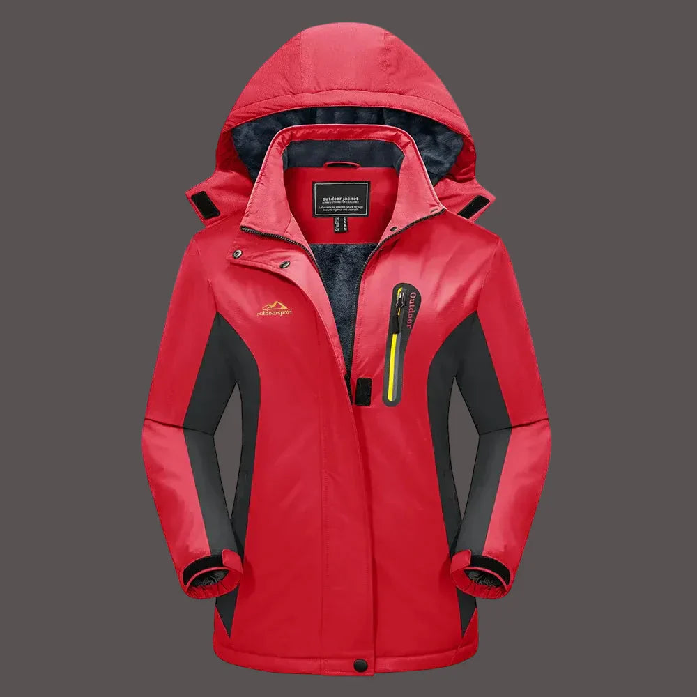 Women's water-resistant fleece-lined outdoor jacket with adjustable hood, ideal for hiking and travel