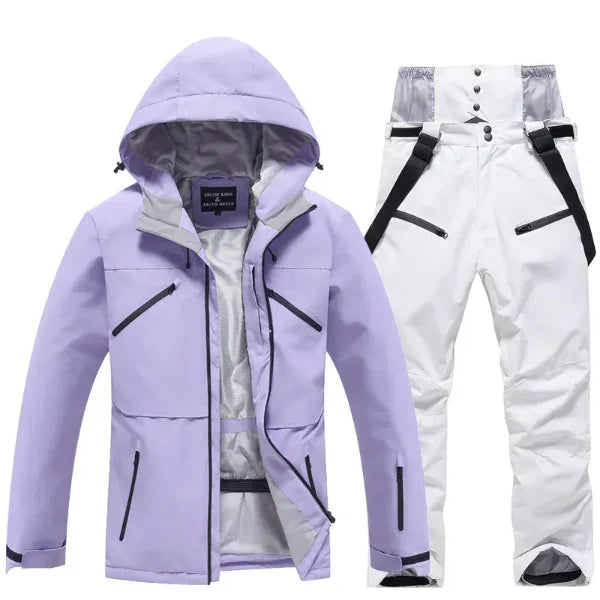 Women's two-piece waterproof ski suit set, regular fit hooded jacket and pants for winter sports