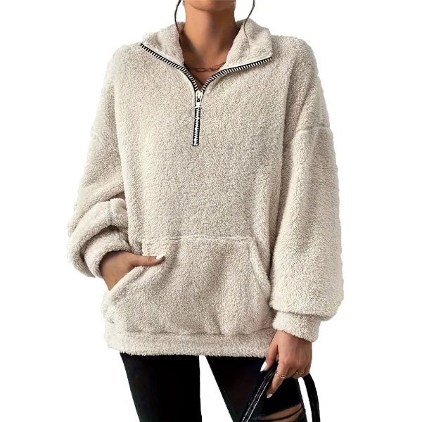 Women's oversized fleece sweatshirt half-zip stand collar with kangaroo pocket cozy everyday style