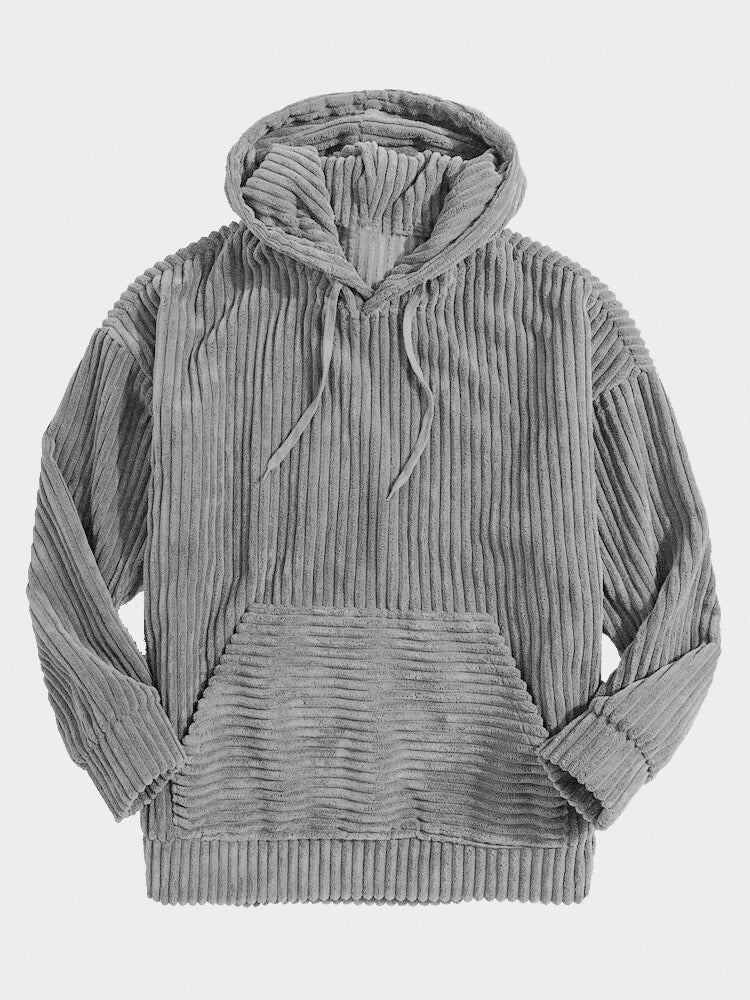 Men's oversized corduroy hoodie relaxed fit hooded V-neck with kangaroo pocket textured fabric