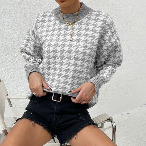 Women's wool blend houndstooth pullover sweater relaxed fit blue-gray ribbed trim cozy warmth