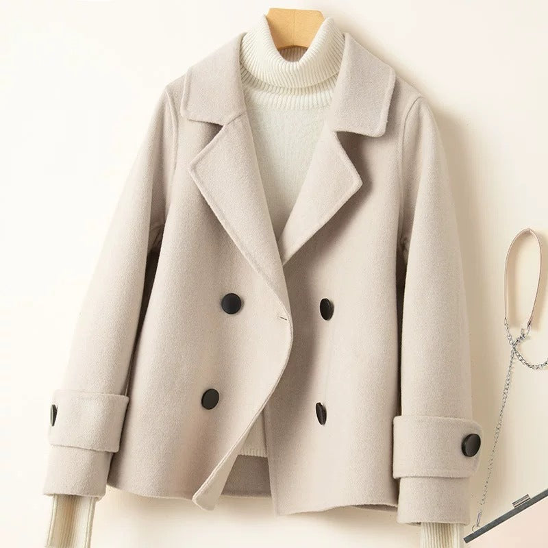 Wavlynn women's wool blend coat camel tailored fit double-breasted notched lapel short silhouette