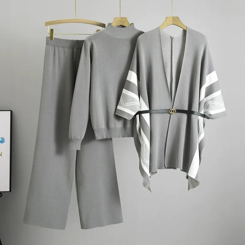 Women's knit three-piece shawl cardigan set, belted mid-thigh length, striped sleeves, soft drape