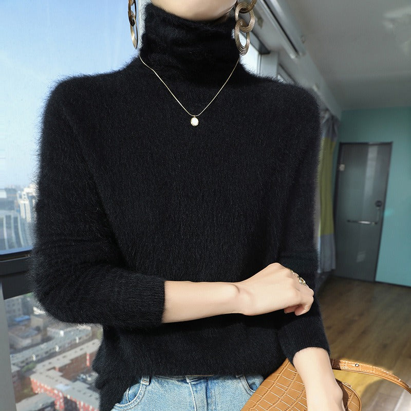Women's wool blend turtleneck sweater relaxed fit with plush pile collar and ribbed cuffs