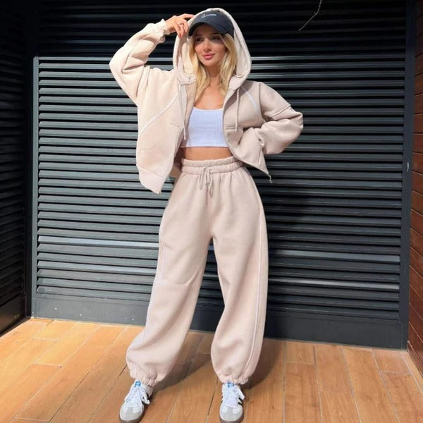 Women's oversized cotton fleece hoodie jogger set with zipper front and drawstring waist
