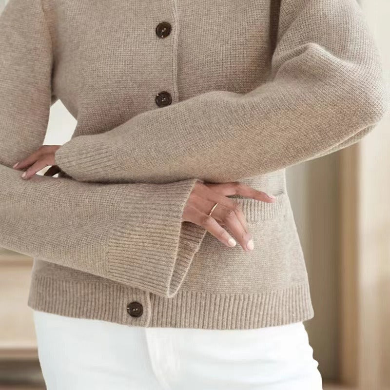 Women's cream knit two-piece set slim-fit cardigan wide-leg trousers coordinated ensemble