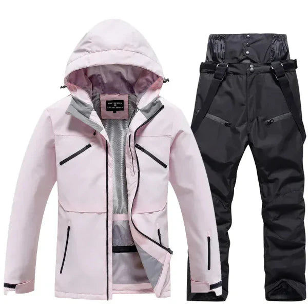 Women's two-piece ski suit set, waterproof hooded jacket and pants, regular fit winter sportswear